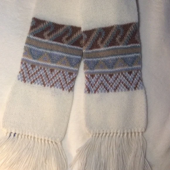 Vintage Hansen Knit Nordic Patterned Scarf Ivory Tan Gray Green - Picture 2 of 7